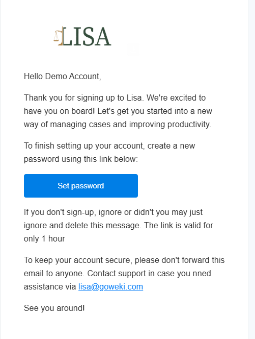 Welcome Email Screenshot