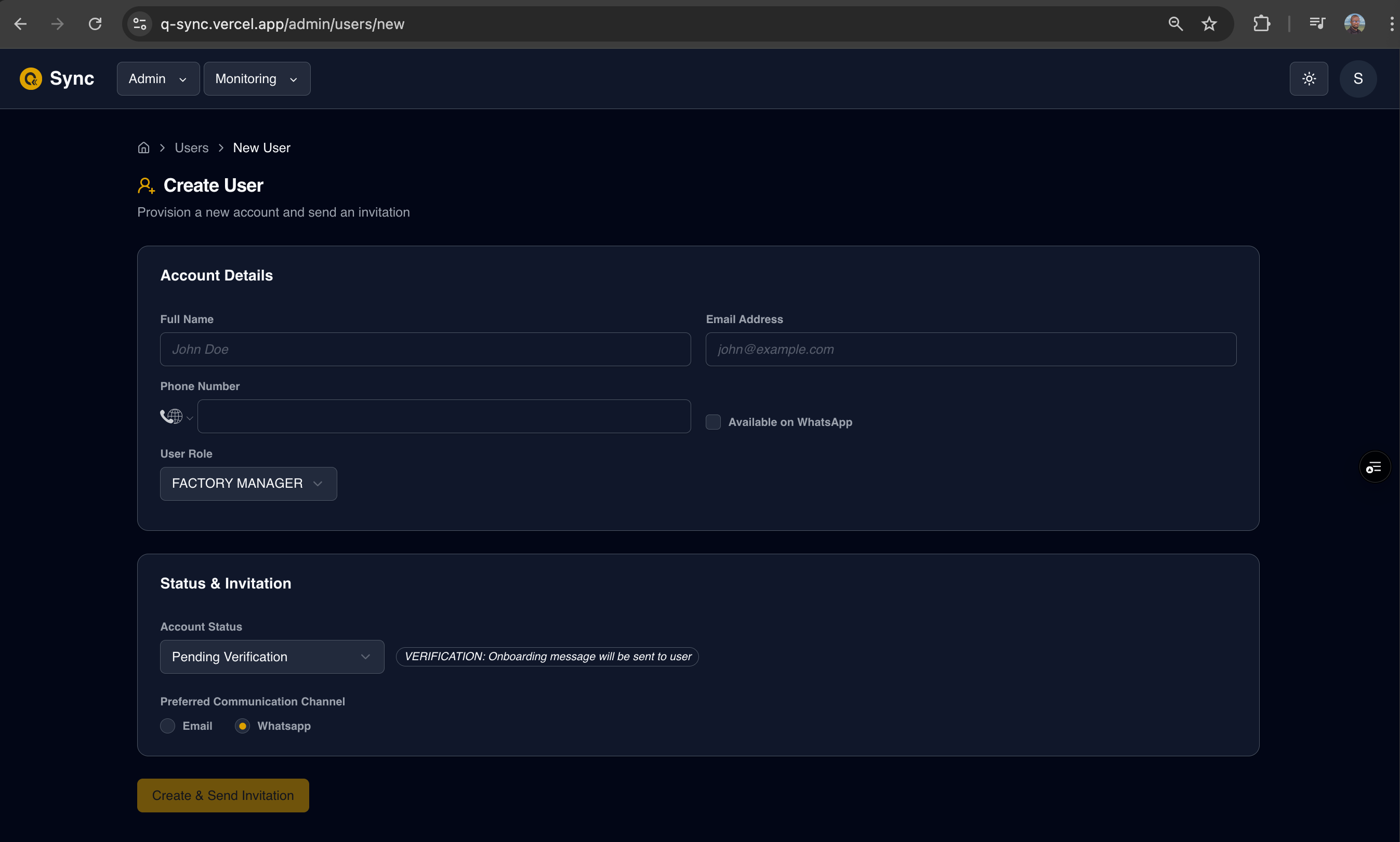 Create-User form Screenshot